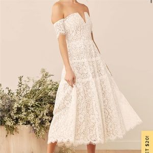 Lulu's White Lace Midi Dress Off the Shoulder